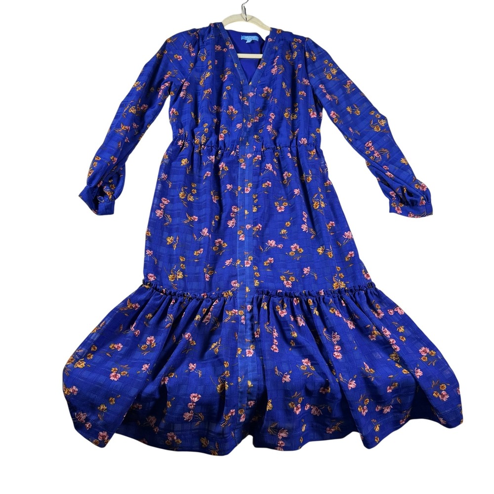 Draper James RSVP Blue Floral Tiered Maxi Dress Long Sleeve V-Neck Size L